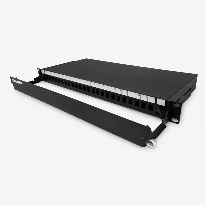 DYNAMIX 19” 1U Fibre Patch Panel Unloaded 24 Port LC Duplex . Metal Ball Bearing Sliding Drawer. Black. Supplied with 2x 24 Port Splice Cassette, Cable Management Accessories & Cable Gland