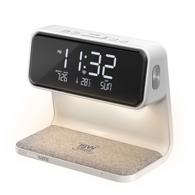 PROMATE 3-in-1 Multi-Function LED Alarm CLock with 15W Wireless Charger. 10.7lm Night Light with 3 Brightness Modes. Dual Alarm with Snooze Function. 12Hr/24Hr Time. Requires Wall Charger – SPAUSB-5V2A