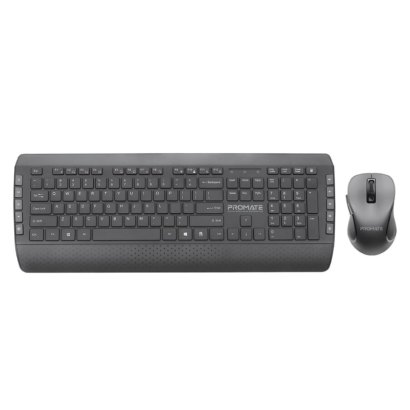 PROMATE Full Size Wireless Multimedia Keyboard & Mouse Combo. Sleep & Ergonomic. Auto Sleep. Smart Nano Reciever. Precision Mouse. Built-in Palm Rest. 10m Range. AAA Batteries. 2.4GHz.