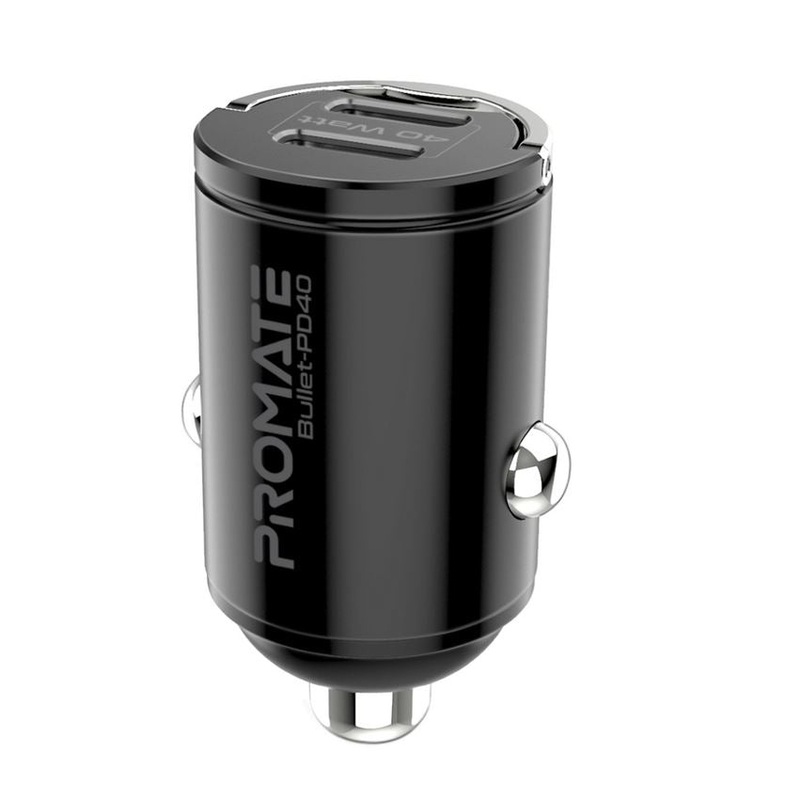 PROMATE Micro In-Car Phone Charger with 2x USB-C 20W Power Delivery. Includes Easy Remove Handle & Surge Protection. Universal Compatibility with Smartphone, Tablet, & Most USB Devices