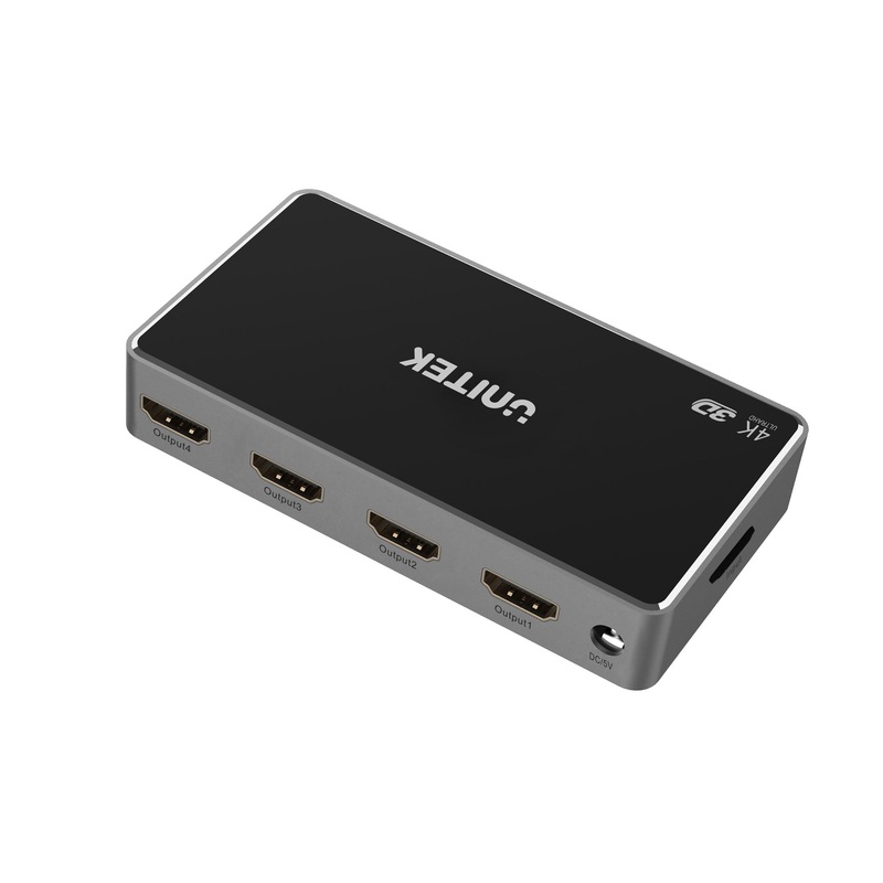 UNITEK 1-In-4-Out 4K HDMI 1.4 Splitter. Supports up to 4K@30Hz (UHD) resolution (3840 x 2160) and Compatible for 480p, 720p, 1080i, 1080p. Power Adaptor Included.
