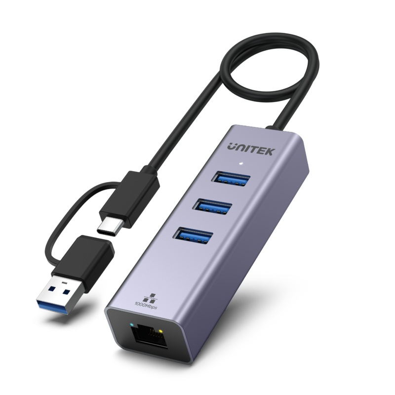 UNITEK 4-in-1 USB Multi-port Hub with 2-in-1 Connectors (USB-C & USB-A). Includes 3x USB-A 3.0 Ports, 1x Gigabit Ethernet RJ45 Port, Plug & Play. AluminiumIn Alloy Housing. Space Grey Colour.