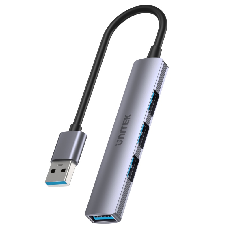 UNITEK 4-in-1 USB Multi-port Ultra Slim Hub with USB-A Connector. Includes 1x USB3.0 Port & 3x USB2.0 Ports. 30cm Cable. Space Grey