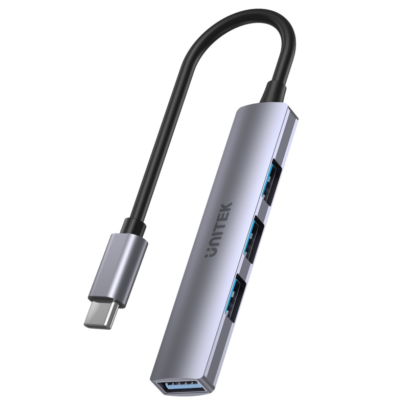 UNITEK 4-in-1 USB Multi-port Ultra Slim Hub with USB-C Connector. Includes 1x USB3.0 Port & 3x USB2.0 Ports. 30cm Cable. Space Grey