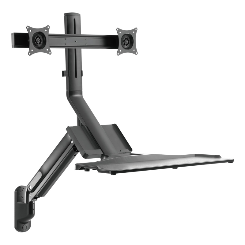 BRATECK 17-27″ Wall Mount Dual Monitor Gas Spring Sit-Stand Workstation. Folding Keyboard Tray. Counter-Balance Gas Spring. Integrated Ball-Joint. 2nd Storage Tray. Easy Height Adjust.