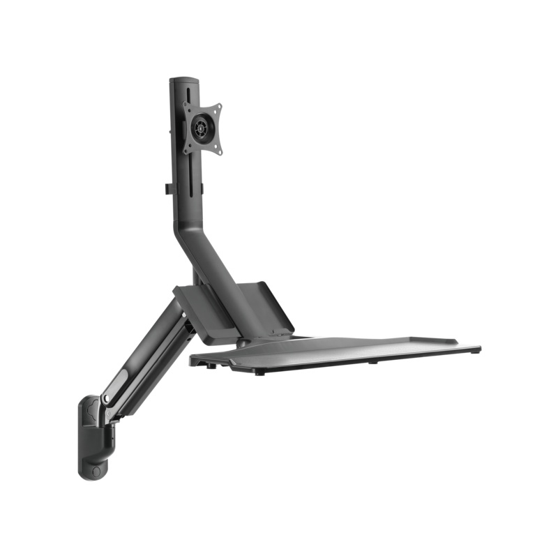 BRATECK 17-32″ Wall Mount Single Monitor Gas Spring Sit-Stand Workstation. Folding Keyboard Tray. Counter-Balance Gas Spring. Integrated Ball-Joint. 2nd Storage Tray. Easy Height Adjust.