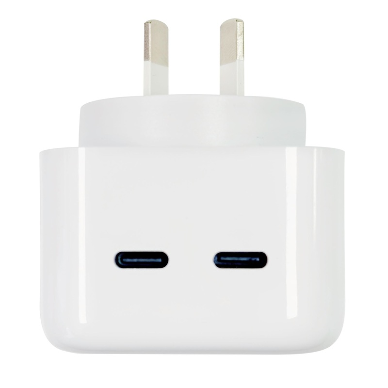 DYNAMIX 35W Dual Port USB-C/C PD Wall Charger/Power Adapter. Allows you to Charge 2x Devices at the Same Time. Whether you”re at Home, in the Office or On the Go! Compact & Lightweight. White