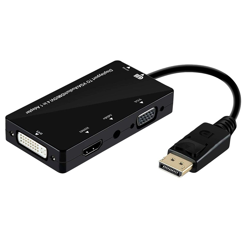 DYNAMIX 4-in-1 Adaptor with DisplayPort Connector. Includes HDMI, DVI, VGA, & Audio Ports. Supports 1080p HD Video (1920 x 1080). Gold-Plated DP Connector, Plug & Play.