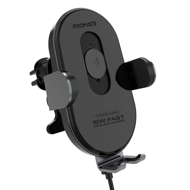 PROMATE 15W Smart Wireless Car Phone Charger with Automatic AC Clamping. Takes 4.7-6.7″ Devices. 360 Rotation with Goseneck Mount. Anti Slip Base. Over-Heat Protection. Case Friendly. Black