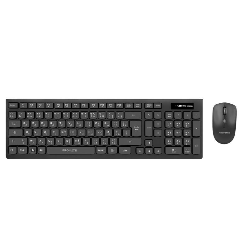 PROMATE Full Size Wireless Keyboard and Mouse. Spill proof Ergonomic Design. Built-in Media Controls. Range up to 10m. Up to 1600 Dpi. Long Life Battery