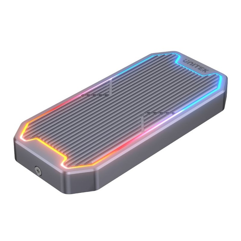 UNITEK USB-C to M.2 SSD Enclosure with RGB Lights in Alloy Housing. Supports USB3.2 Gen2 10Gbps SuperSpeed. Auto Sleep Mode. Built in Heat Exchange. Space Grey Colour
