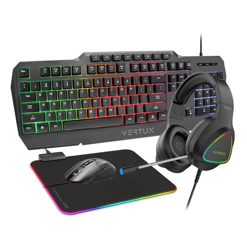 VERTUX 4-in-1 Gaming Starter Kit. Includes Backlit Wired Gaming Keyboard, LED Mouse, Pro Gaming Over-Ear Headset with Built-In Microphone and RBG Foldable Gaming Mouse Pad.