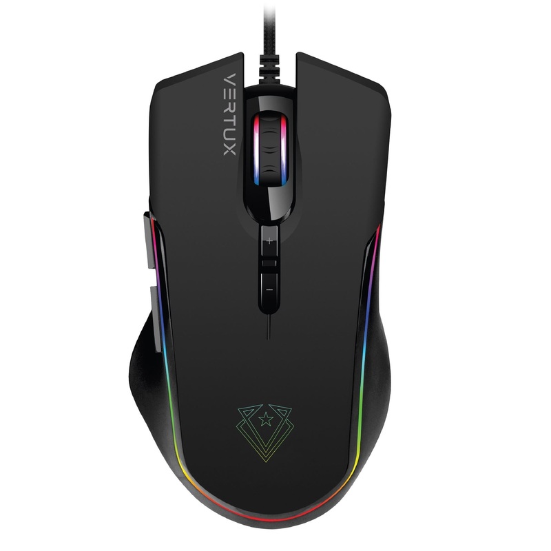 VERTUX Gaming Highly Sensitive 7 Button Programmable Gaming Mouse. Up to 10000dpi, Braided Cable, Eronomic Design, Adjustable RGB Light Modes, Ultra-Fast Feedback. Black Colour.