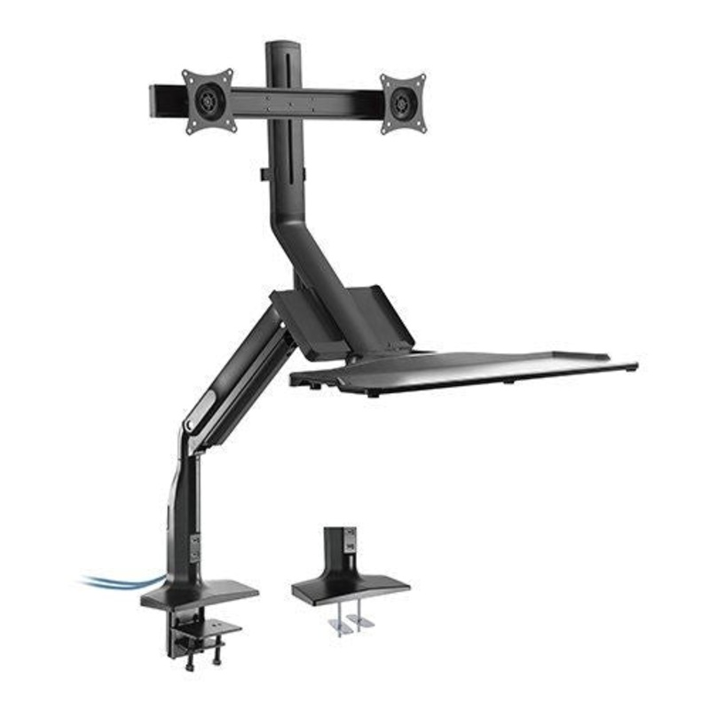 BRATECK 17-27″ Dual Monitor Gas Spring Sit-Stand Desk Converter. Folding Keyboard Tray. Counter-Balance Gas Spring. Integrated Ball-Joint. 2nd Storage STOCK CLEARANCE SALE