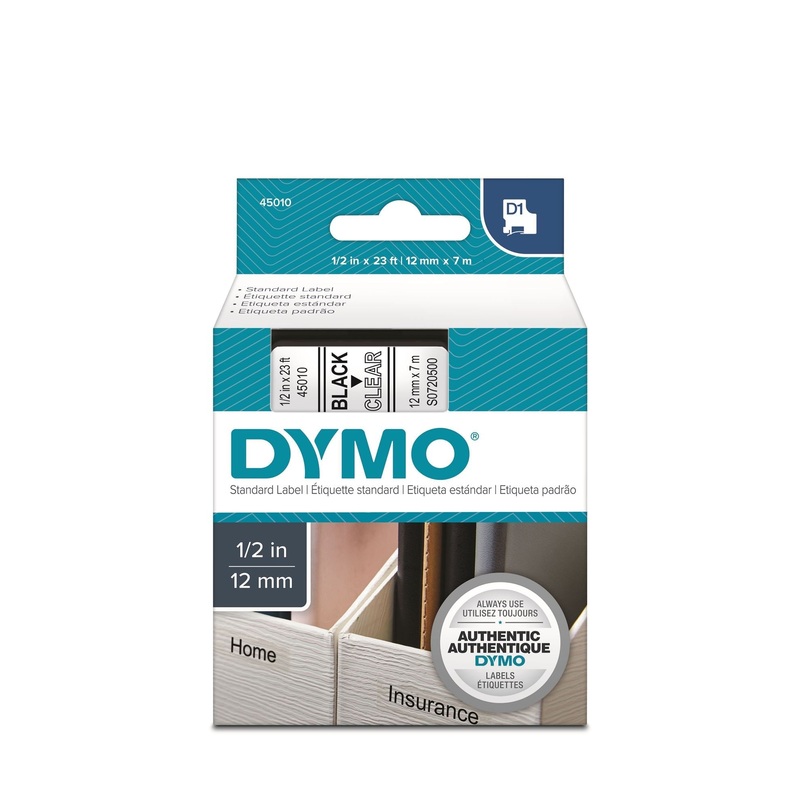 DYMO Genuine D1 Label Cassette Tape 12mm x 7M,  Black on Clear. Suitable for the LabelManager and LabelWriter Duo label makers