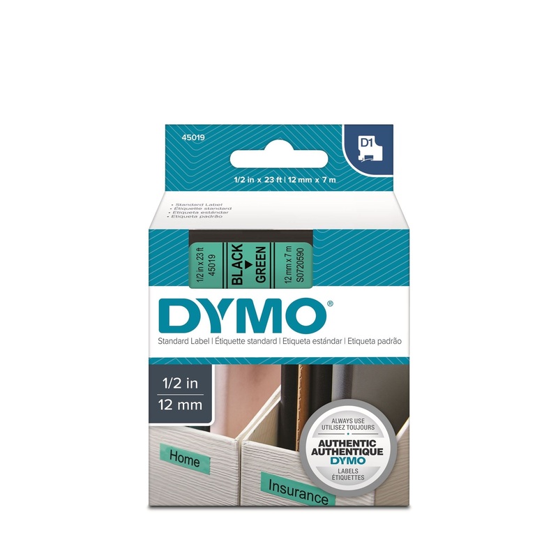 DYMO Genuine D1 Label Cassette Tape 12mm x 7M, Black on Green Suitable for the Label  Manager and LabelWriter Duo label makers