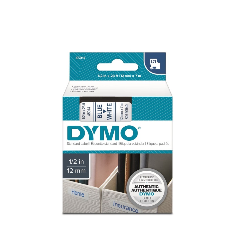 DYMO Genuine D1 Label Cassette Tape 12mm x 7M, Blue on White. Suitable for the Label  Manager and LabelWriter Duo label makers