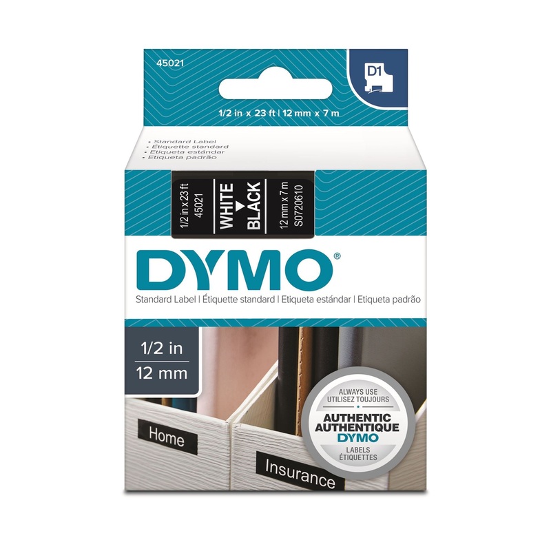 DYMO Genuine D1 Label Cassette Tape 12mm x 7M, White on Black Suitable for the Label  Manager and LabelWriter Duo label makers