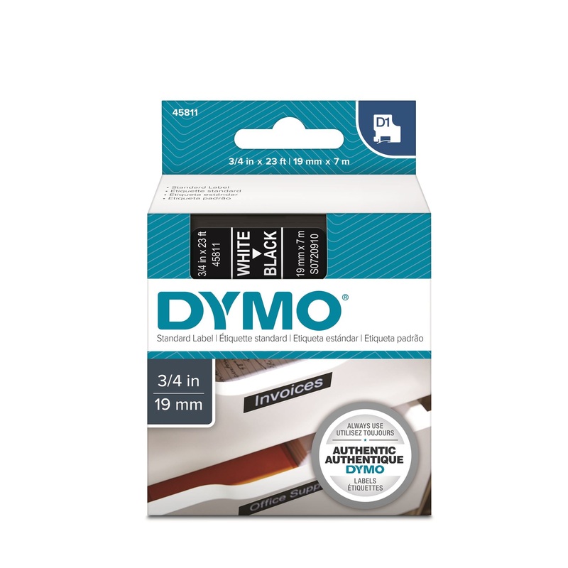 DYMO Genuine D1 Label Cassette Tape 19mm x 7M,  White on Black Suitable for the Label  Manager and LabelWriter Duo label makers