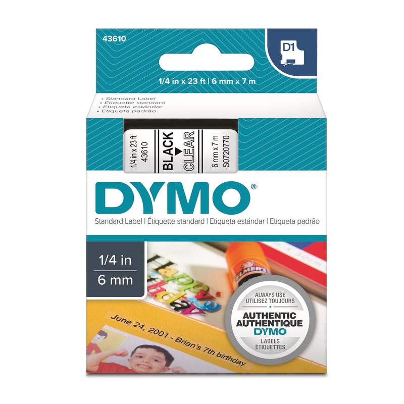 DYMO Genuine D1 Label Cassette Tape 6mm x 7M, Black on Clear Suitable for the Label  Manager and LabelWriter Duo label makers