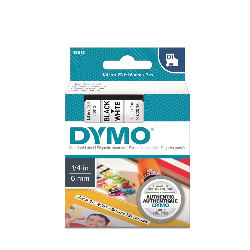 DYMO Genuine D1 Label Cassette Tape 6mm x 7M, Black on White Suitable for the Label  Manager and LabelWriter Duo label makers