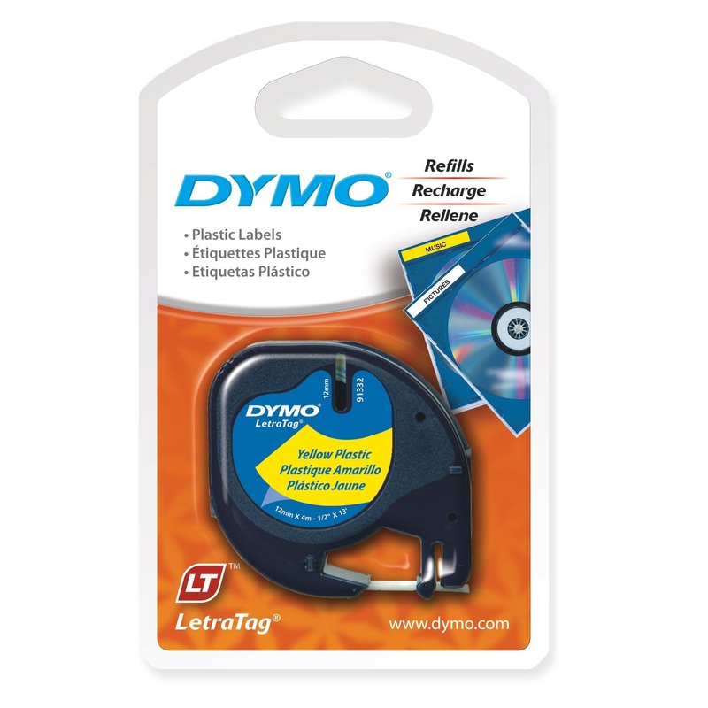 DYMO Genuine LetraTag Labeller Plastic Tape. 12mm Black on Yellow. For LetraTag LT-100H and LT-100T Label makers. Tear-resistant.