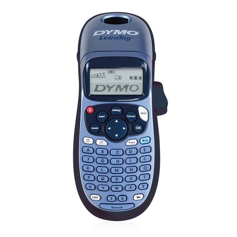 DYMO LetraTag 100H Handheld Label Maker, Blue, with 13-character LCD Screen and ABC keyboard, 5 font sizes, 7 print styles and 8 box styles, Date stamp and 195 symbols.