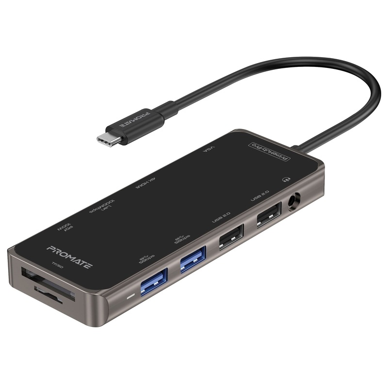 PROMATE 11-in-1 USB Multi-Port Hub with USB-C Connector. Includes 100W PD, Dual Monitor Port (4K HDMI Port and 1080 VGA Port) RJ45 Port, USB-A 3.0/2.0 Ports, AUX, SD/TF Card Reader.