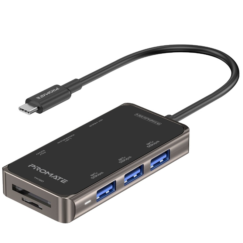 PROMATE 8-in-1 USB Multi-Port Hub with USB-C Connector. Includes 100W PD, 4K HDMI Port, RJ45 Port, USB-A 3.0 Ports. Grey Colour.