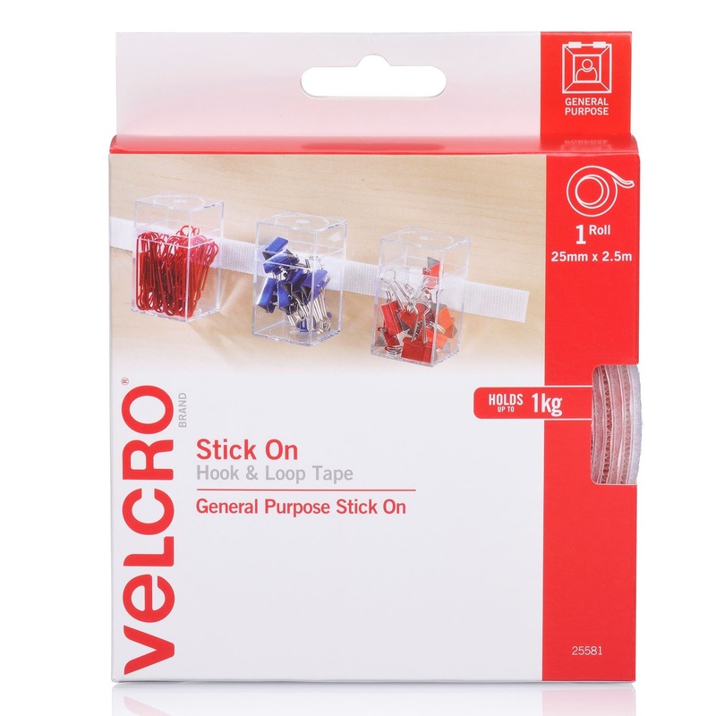 VELCRO Brand 25mm x 2.5m Stick on Hook & Loop Roll/Tape. Designed for Hanging & Attaching Items at Home Or Work. Cut to Size. Holds up to 1kg. Black Colour.