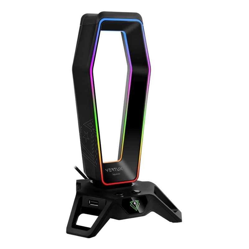 VERTUX Multi-Function Headphone Stand with 3x USB-A Ports. Includes 3.5mm Headphone & Microphone Ports. 1.5m Cable, 12 Preloaded Lighting Effects, 7.1 Surround Sound Card Built-in, Weighed Base. Black