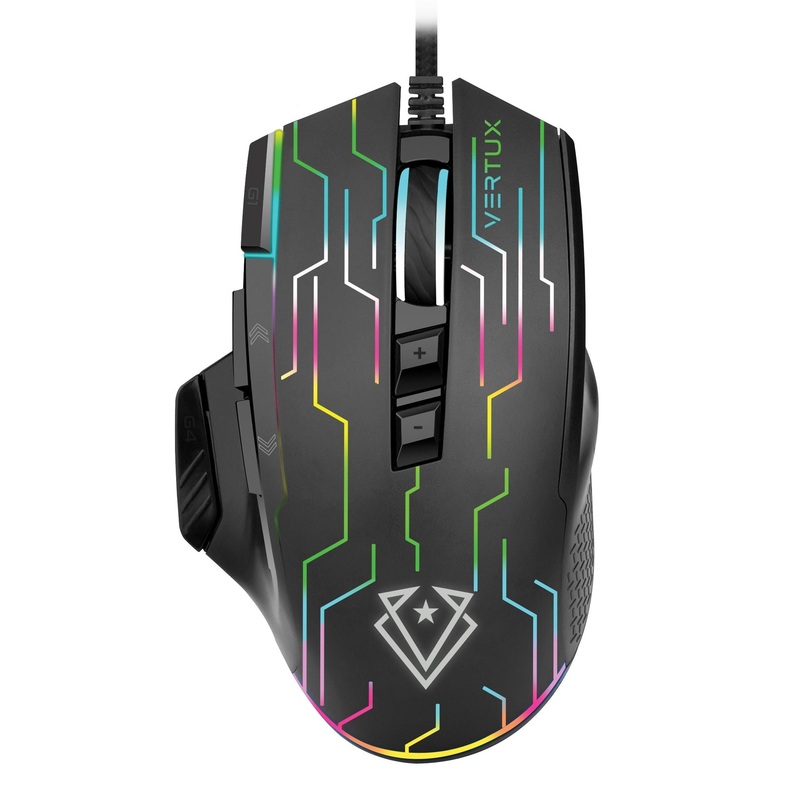 VERTUX Stellar Tracking 9 Button Wired Gaming Mouse with Programmable Buttons. 1000/1500/ 2000/3000/5000/10000dpi. Ergonomic Design, RGB Backlight. Black Colour.