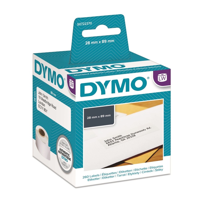 DYMO Genuine LabelWriter Address Labels (Self-Adhesive). 28mm x 89mm labels. Black Print on White. Two Rolls of 130 Labels per roll. Also Known As: 99010