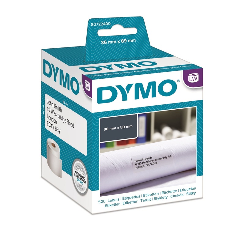 DYMO Genuine LabelWriter Address Labels (Self-Adhesive). 36mm x 89mm labels. Black Print on White. Two Rolls of 130 Labels per roll. Also Known As: 99012