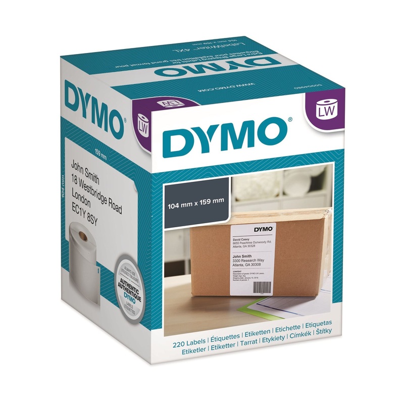 DYMO Genuine LabelWriter High Capacity Shipping Labels. 104mm x 159mm. Designed specifically for the LabelWriter 4XL. The ideal solution for high volume, high impact labeling.