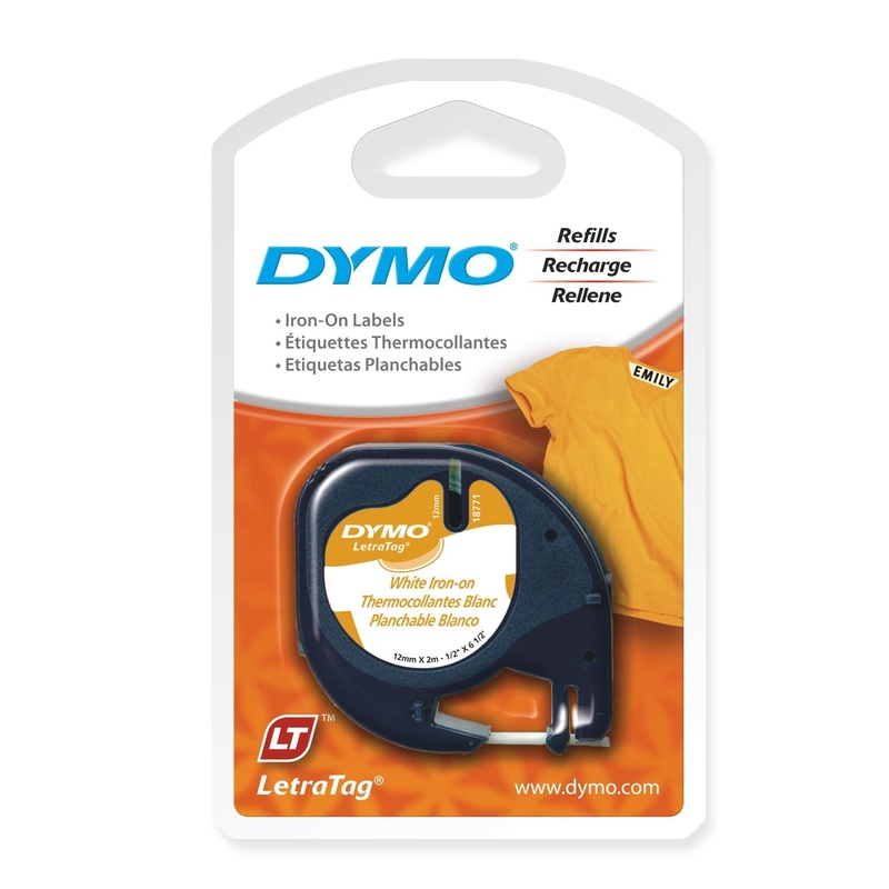 DYMO Genuine LetraTag Iron-On Labeller Tape. 19mm Black on Yellow. Solution for clothing and fabric identification. labels adhere to a variety of fabrics and textures.