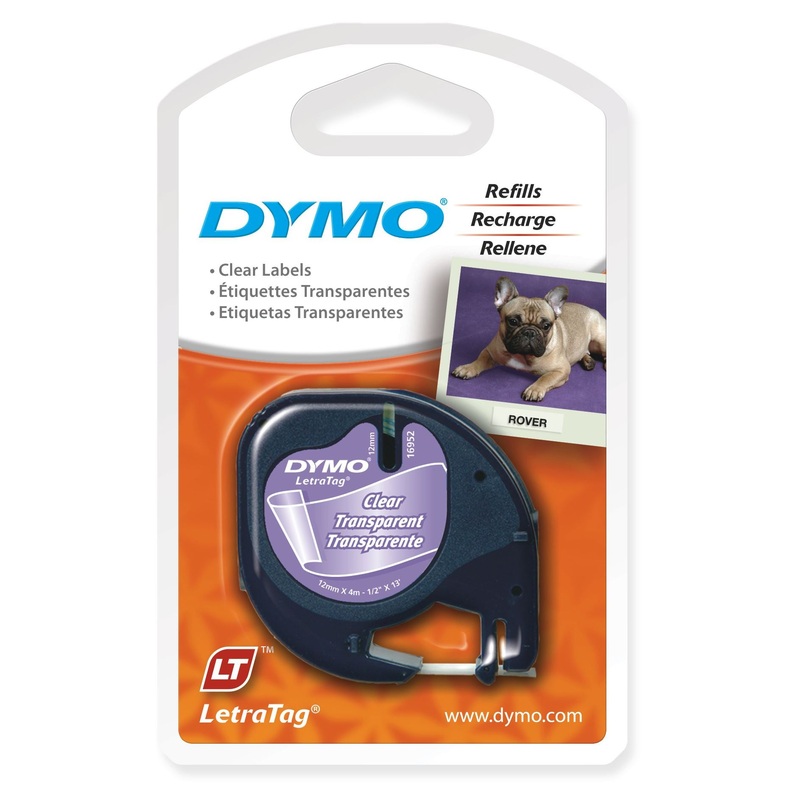 DYMO Genuine LetraTag Labeller Plastic Tape 12mm x 4M. Black on Clear,  Tear-resistant. 1 label cartridge /cassette per pack. Clear Plastic, Adhesive Tape (Polyester).