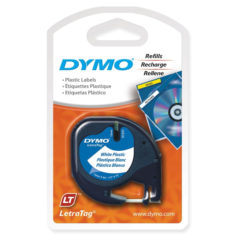 DYMO Genuine Pearl White Plast Tape for LetraTag Plastic Tape. 12mm x 4m. Tear-resistant and easy-to-use plastic labels.