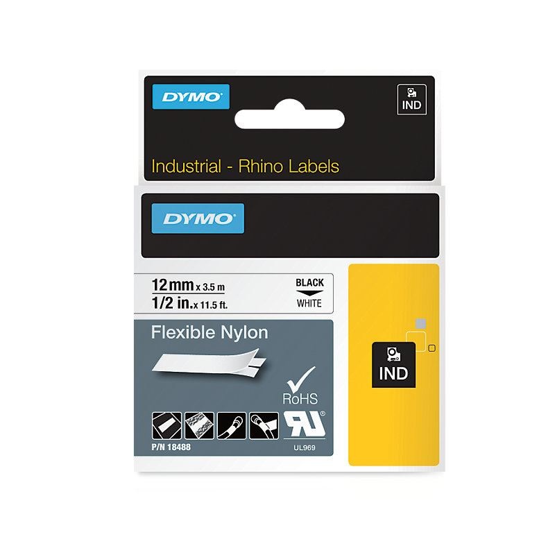 DYMO Genuine Rhino Industrial Flexible Nylon Labels. 12mm x 3.5m. Black on White.