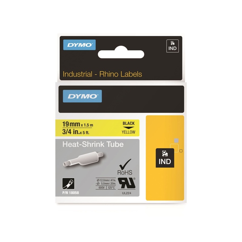 DYMO Genuine Rhino Industrial Labels-Heat Shrink Tube 19mm Black on Yellow.Made of industrial grade polyolefine and featuring a 3:1 heat shrink ratio. RoHS compliant. Temperature Rating -19C to +135C.