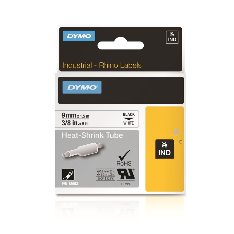 DYMO Genuine Rhino Industrial Labels- Heat  Shrink Tube 9mm Black on White.Made of industrial grade polyolefine and featuring a 3:1 heat shrink ratio. RoHS compliant. Temperature Rating -19C to +135C.