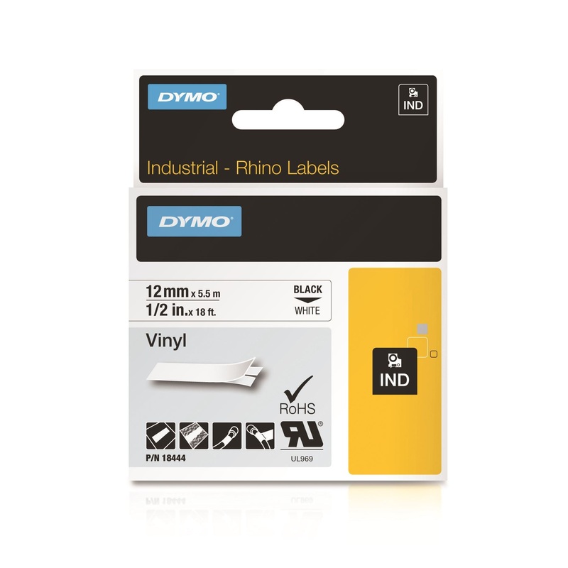 DYMO Genuine Rhino Industrial Vinyl Labels.12mm x 5.5m. Black on White. Compatible with DYMO Rhino Industrial labellers, LabelManager labellers and the LabelWriter 450 Duo.
