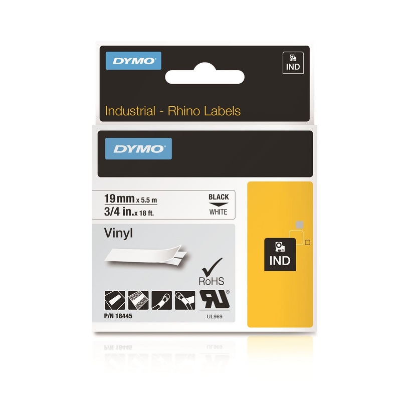DYMO Genuine Rhino Industrial Vinyl Labels.19mm x 5.5m. Black on White. Compatible with DYMO Rhino Industrial labellers, LabelManager labellers and the LabelWriter 450 Duo.