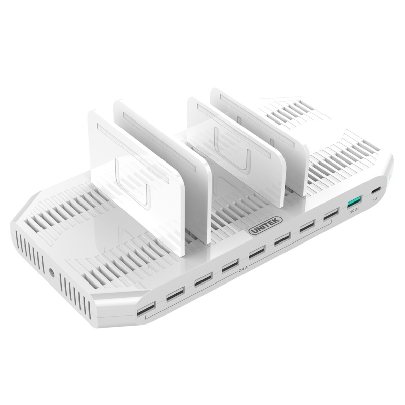UNITEK 10-Port USB Smart Charging Station. (9 Port 2.4A USB-A + 1x Port QC 3.0 USB-A) Max Power: 160W Rapid charging. Over-charge, over voltage, over heating and short circuit protection.
