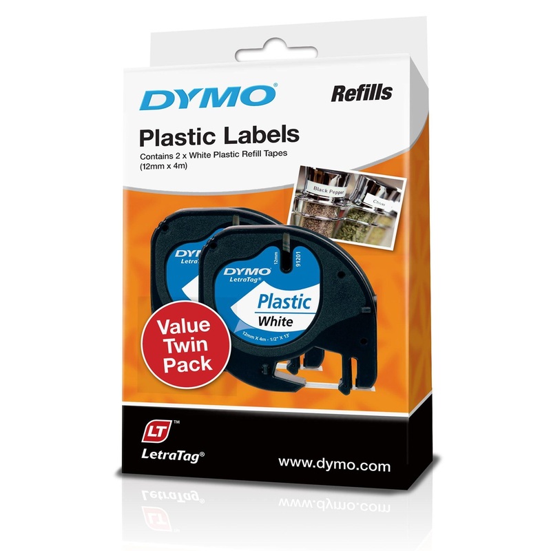DYMO Genuine LetraTag Labeller Plastic 2PK Tape. 12mm X 4M White.