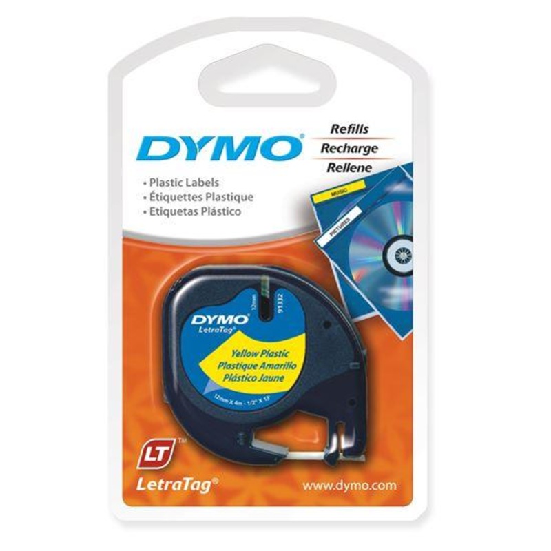 DYMO Genuine LetraTag Labeller Plastic Tape. 12mm Black On Yellow.
