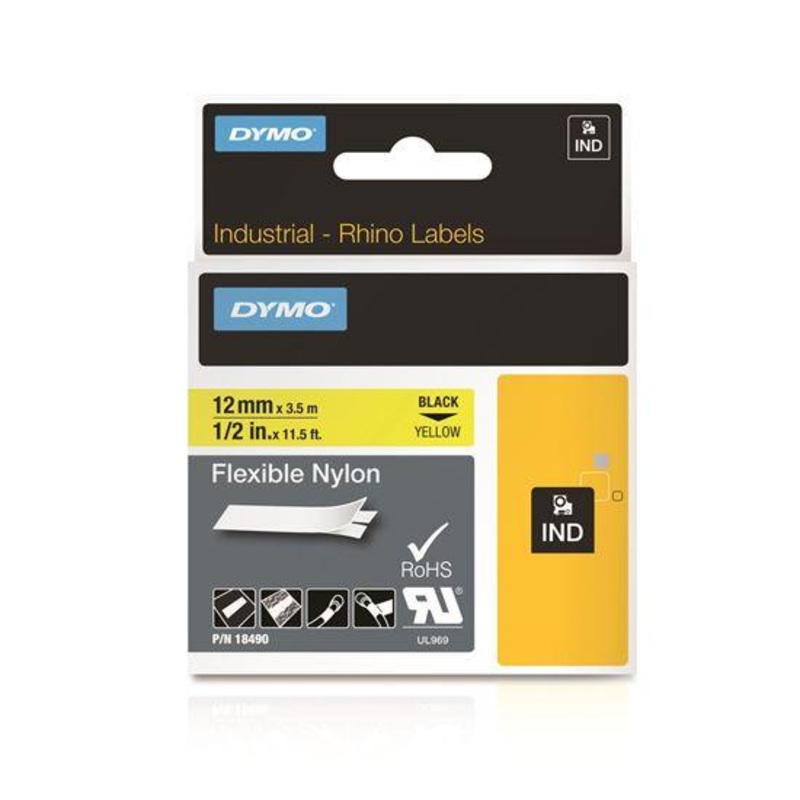 DYMO Genuine Rhino Industrial Labels-Flexible Nylon 12mm Black On