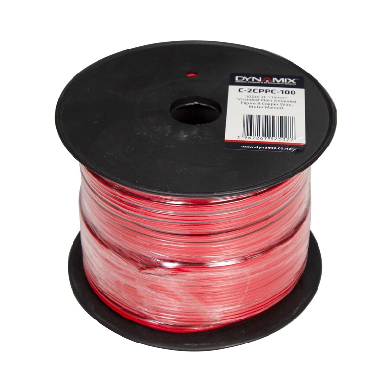 DYNAMIX 100m 2x Core 1.13mm Bare Copper, Red/Black Trace Figure 8x Parallel Power Cable, Meter Marked, 16/03 x 2 CORE V-90 50V AC/120V