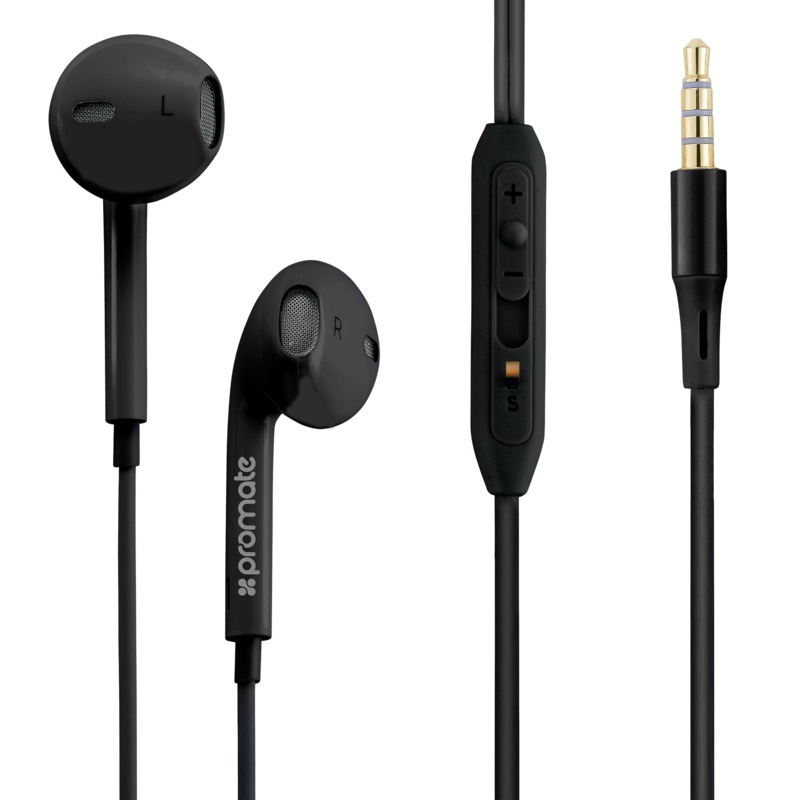 PROMATE Lightweight High- Performance Stereo Earbuds with In-Line Mic and Universal Volume Control. Colour Black