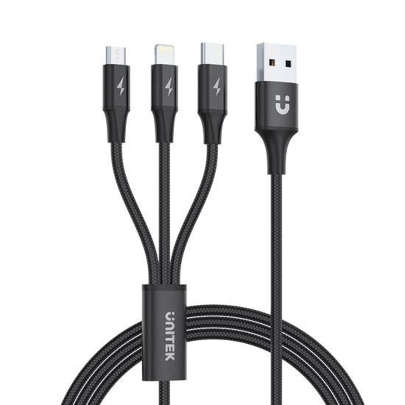 UNITEK 1.2m USB 3-In-1 Charge Cable. Integrated USB-A To Micro-B,